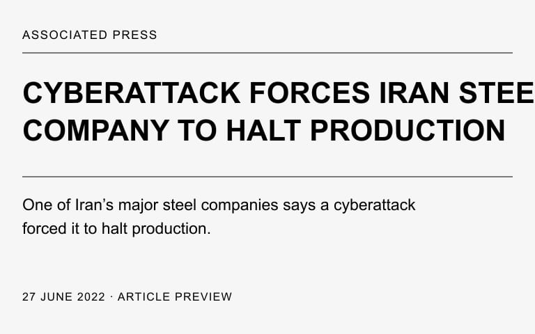 Associated Press article preview about the cyberattack on an Iranian steel company