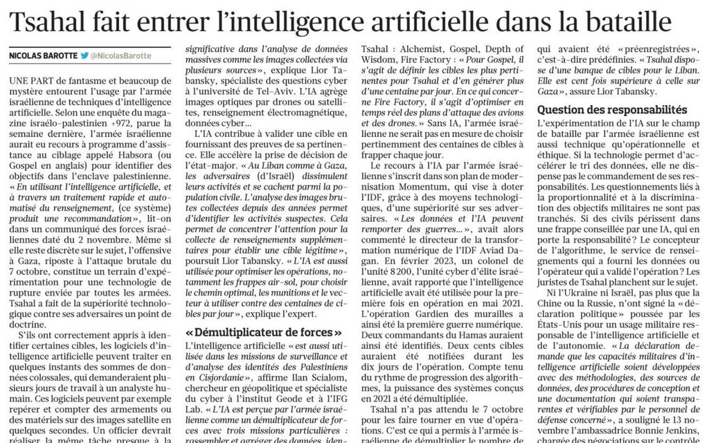 Le Figaro proof crop showing the article headline and Lior Tabansky quoted on cyber and artificial intelligence