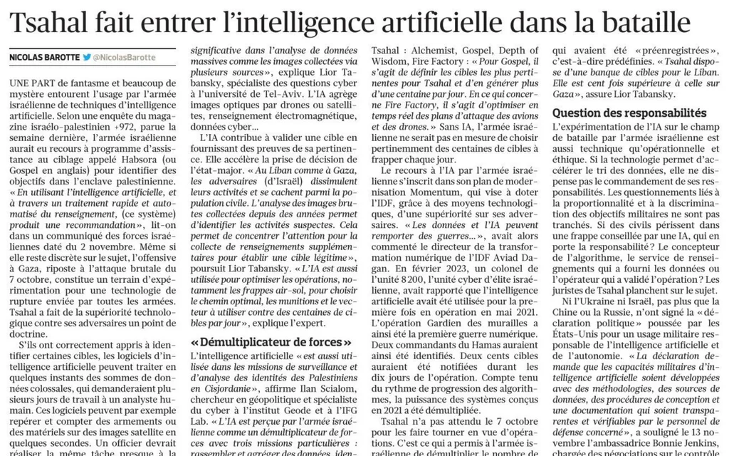 Le Figaro proof crop showing the article headline and Lior Tabansky quoted on cyber and artificial intelligence