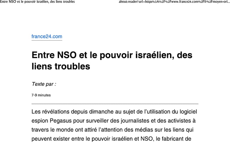 France 24 article preview about links between NSO and Israeli power