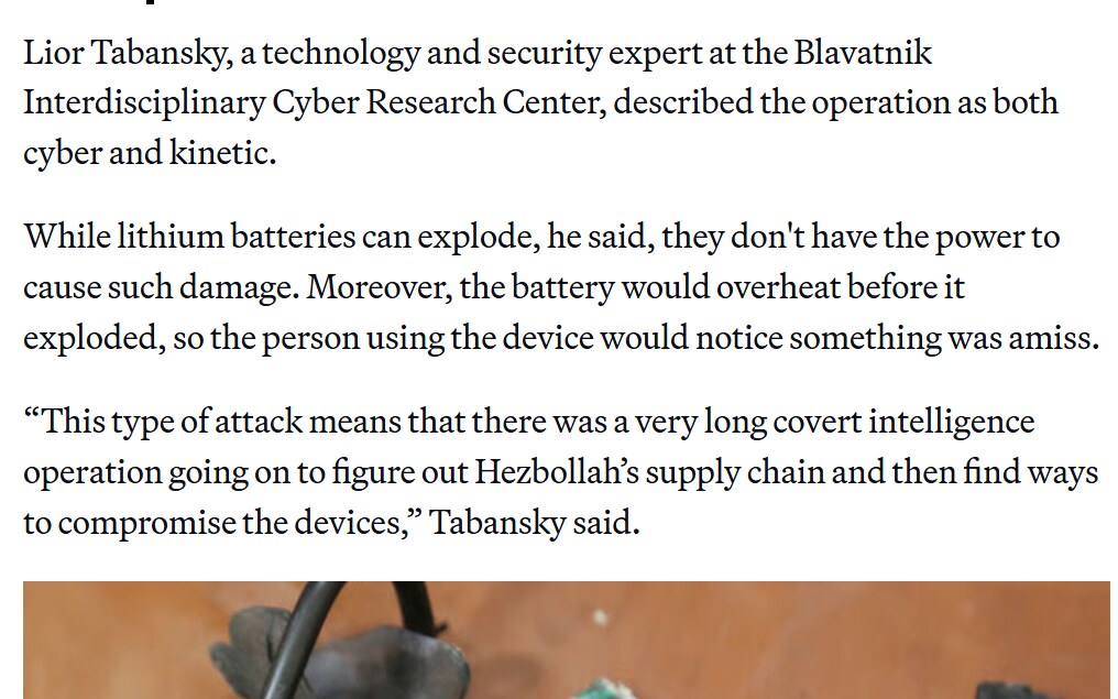 POLITICO Europe article excerpt quoting Lior Tabansky on the Hezbollah pager operation